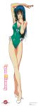  1980s_(style) 1girl arm_up bangs blue_hair character_name choujikuu_yousai_macross copyright_name drill_locks full_body green_eyes green_one-piece_swimsuit high_heels highres long_hair looking_at_viewer lynn_minmay macross mikimoto_haruhiko non-web_source official_art retro_artstyle simple_background solo standing swimsuit white_background white_footwear 