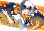  1girl alternate_eye_color arm_at_side bangs bird_wings black_bow black_bowtie black_hair black_wings bow bowtie breasts collared_shirt commentary grey_hair hands_up hat highres leaf looking_at_viewer maple_leaf medium_breasts open_mouth orange_eyes overexposure pom_pom_(clothes) puffy_short_sleeves puffy_sleeves qqqrinkappp red_headwear shameimaru_aya shirt short_hair short_sleeves sidelocks smile solo tokin_hat touhou traditional_media two-sided_fabric upper_body white_shirt wing_collar wings 