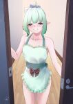  1girl absurdres alternate_costume alternate_hairstyle apron back_bow blue_eyes blush bow commentary densetsu.exe doorway english_commentary foot_out_of_frame frilled_apron frills gradient_hair green_apron green_hair grin highres indoors looking_at_viewer maid_apron mint_fantome multicolored_hair naked_apron ponytail pov_doorway short_hair smile solo syxh triangular_headpiece virtual_youtuber 