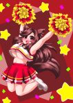  1girl animal_ears arm_up armpits blush breasts brown_hair cheering cheerleader crop_top fuuren_udon holding holding_pom_poms imaizumi_kagerou jumping large_breasts long_hair looking_at_viewer midriff miniskirt navel no_bra open_mouth pleated_skirt pom_pom_(cheerleading) red_eyes shirt shoes skirt sleeveless sleeveless_shirt sneakers solo tail touhou underboob wolf_ears wolf_girl wolf_tail 