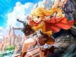  1girl blonde_hair boots brown_boots brown_gloves brown_skirt cape day dual_wielding finger_on_trigger game_cg gloves gun hair_ornament holding holding_gun holding_weapon holster jacket kneeling long_sleeves official_art one_eye_closed ootsuki_aruru open_mouth orange_jacket ponytail red_cape red_scarf revolver scarf shoujo_kageki_revue_starlight shoujo_kageki_revue_starlight_-re_live- skirt solo star_(symbol) star_hair_ornament thigh_holster train weapon yellow_eyes 