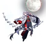  1girl absurdly_long_hair alternate_costume blue_kimono bow_(weapon) braid braided_ponytail chromatic_aberration coat constellation_print fantastic_danmaku_festival full_body full_moon game_cg glitch grey_eyes grey_hair holding holding_bow_(weapon) holding_weapon japanese_clothes kimono lab_coat long_hair looking_at_viewer moon obi obijime official_art open_clothes open_coat print_kimono red_kimono sash scorpion5050 single_braid solo stethoscope stethoscope_around_neck third-party_source touhou two-tone_kimono very_long_hair weapon wide_sleeves yagokoro_eirin 