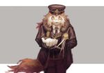  2021 5_fingers anthro arknights black_clothing canid canine canis clothing coat costume domestic_dog fingers fur gloves hair hand_behind_back hand_holding handwear hat headgear headwear hi_res holding_out_hand hung_(arknights) hypergryph looking_at_viewer male mammal necktie orange_body orange_fur orange_hair orange_tail shirt simple_background solo studio_montagne topwear uniform video_games white_body white_clothing white_fur white_gloves white_hair white_handwear white_shirt white_topwear xianyud yellow_eyes 