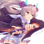  1girl black_robe black_skirt black_thighhighs blunt_bangs brown_hair commentary_request cowboy_shot fighting_stance floating_hair hair_ribbon heaven_burns_red highres holding holding_sword holding_weapon katana long_hair long_sleeves looking_ahead miniskirt neck_ribbon ogasawara_hisame open_clothes open_mouth open_robe pleated_skirt purple_ribbon red_pupils ribbon robe shirt sidelocks signature simple_background skirt solo sword thighhighs twintails weapon white_background white_shirt wide_sleeves yellow_eyes yumeclo zettai_ryouiki 