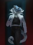  2022 5_fingers anthro blue_body blue_fur breasts clothed clothing digital_media_(artwork) female fingers fur gulonine hi_res mammal marten mustelid musteline red_eyes shwonky standing white_body white_fur 