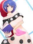  1girl :/ absurdres blue_eyes blue_hair book bright_pupils capelet closed_mouth doremy_sweet dream_soul dress hat highres holding holding_book looking_at_viewer moriforest1040 nightcap pom_pom_(clothes) red_headwear solo touhou white_background white_dress white_pupils 