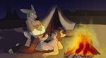  anthro battycat camping camping_tent canid canine canis clothed clothing coyote duo erection erection_under_clothing exhibitionism fire genitals hare hi_res lagomorph leporid male male/male mammal partially_clothed penis rabbit rubbing_penis tenting undressing undressing_self 
