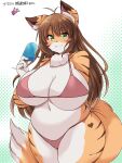  2022 absurd_res anthro belly big_breasts bikini blush breasts brown_hair catkey clothing felid female fluffy fluffy_tail food fur green_eyes hair heart_(marking) hi_res holding_food holding_object huge_breasts inner_ear_fluff kurocazenosora long_hair looking_at_viewer mammal navel neck_tuft orange_body orange_fur pantherine pink_bikini pink_clothing pink_swimwear popsicle portrait simple_background slightly_chubby smile solo standing stripes swimwear thick_thighs three-quarter_portrait tiger tuft white_body white_fur wide_hips 