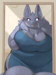  2021 absurd_res anthro belly big_belly big_breasts blue_eyes blush bodily_fluids breast_grab breast_squish breasts canid canine cheek_tuft clothing cute_fangs dress eyeshadow facial_tuft female first_person_view fur grey_body grey_fur hand_on_breast hand_on_face hi_res holding_breast huge_breasts implied_transformation inner_ear_fluff inside looking_at_self makeup mammal mirror open_mouth overweight portrait reflection seto_(yosioka_san) solo squish surprise sweat thick_thighs three-quarter_portrait tuft wide_hips yosioka_san 