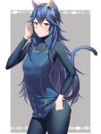  1girl ameno_(a_meno0) animal_ears bangs blue_eyes blue_hair blue_pants blue_sweater blush cat_ears cat_girl commentary fire_emblem fire_emblem_awakening hair_between_eyes jewelry kemonomimi_mode long_hair long_sleeves looking_at_viewer lucina_(fire_emblem) pants ribbed_sweater solo sweatdrop sweater symbol-only_commentary tail tiara turtleneck turtleneck_sweater 