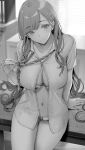  1girl absurdres bangs blush breasts cleavage closed_mouth collared_shirt commentary_request gentsuki greyscale hair_ornament hairclip highres large_breasts long_hair looking_at_viewer monochrome navel original panties revision shirt short_sleeves smile solo thighs underwear 