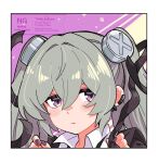  1girl blush closed_mouth commentary_request corin_wickes earclip earrings green_hair hair_between_eyes hair_intakes hands_up jewelry looking_at_viewer portrait purple_background purple_eyes purple_nails screw_hair_ornament solo twintails two-tone_background yellow_background yumefukura zenless_zone_zero 