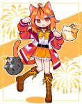  1girl :3 :d ahoge belt black_belt blush bomb boots bow bowtie brown_boots brown_sailor_collar character_request collar commentary_request copyright_request explosive fang fireworks frilled_skirt frills full_body hands_up highres inset_border jacket knee_boots lace-up_boots long_sleeves looking_at_viewer open_clothes open_jacket open_mouth orange_eyes orange_hair orange_skirt outline paw_pose polka_dot polka_dot_background red_collar red_jacket richard_(richaball) sailor_collar school_uniform serafuku shirt short_hair skirt smile solo standing standing_on_one_leg two-tone_background white_background white_outline white_shirt yellow_bow yellow_bowtie 