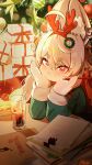  1girl absurdres animal_ear_fluff animal_ears antlers bendy_straw between_fingers binder_clip blush box brown_hair cake cake_slice christmas christmas_ornaments christmas_tree christmas_wreath closed_mouth commentary cup drink drinking_glass drinking_straw english_commentary fake_antlers food furry furry_female gift gift_box green_jacket hair_between_eyes hairband highres holding holding_pen horns ice ice_cube jacket long_sleeves looking_at_viewer maria_(syake-uni) pen red_eyes red_hairband reindeer_antlers short_eyebrows signature smile solo table thick_eyebrows upper_body wreath zenless_zone_zero zhao_(zenless_zone_zero) 