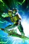  1boy armlet armor blurry blurry_background bodysuit boots comic_cover commentary dagger dragon_ranger english_commentary gloves gold_armlet gold_armor green_helmet helmet highres holding holding_dagger holding_knife holding_weapon jewelry knife male_focus mighty_morphin_green_ranger mighty_morphin_power_rangers muscular muscular_male official_art power_rangers signature solo tokusatsu weapon white_boots white_gloves yoon_junggeun 