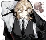  1boy absurdres arm_belt black_necktie blonde_hair collared_shirt commentary_request earrings flower genshin_impact hair_between_eyes hair_ornament highres jacket jewelry kaveh_(genshin_impact) looking_at_viewer male_focus medium_hair necktie parted_lips red_eyes red_flower removing_jacket shirt sho_yai simple_background solo suit_jacket teeth vest waistcoat white_background white_shirt x_hair_ornament 