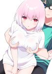  1boy 1girl bangs black-framed_eyewear black_pants blue_eyes blush bottomless breast_grab breasts collarbone commentary_request cowboy_shot glasses grabbing grabbing_from_behind green_shirt grey_hair gridman_universe hair_between_eyes highres large_breasts looking_at_viewer natsu12113 off_shoulder open_mouth pants pink_hair red_eyes shinjou_akane shirt short_hair short_sleeves simple_background ssss.gridman utsumi_shou white_background white_shirt 