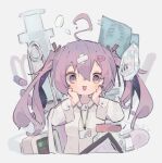  1girl @_@ absurdres ahoge badge bangs breasts cardiogram coat hair_ornament hairclip highres intravenous_drip labcoat long_hair long_sleeves medium_breasts nep_(nep_76) open_mouth original pill purple_eyes purple_hair smile solo syringe twintails upper_body white_coat 