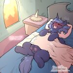 2026 animal_genitalia animal_vulva bed bed_sheet bedding blue_body blue_fur blue_hair bodily_fluids cold-blooded-twilight english_text equid equine equine_genitalia equine_vulva eyes_closed female feral friendship_is_magic fur furniture genitals hair hasbro hi_res hooves horn lying mammal my_little_pony mythological_creature mythological_equine mythology nipples on_back on_bed pillow princess_luna_(mlp) quadruped saliva solo teats teeth text tongue unicorn_horn vulva winged_unicorn wings