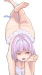  1girl ass barefoot bikini breasts cleavage feet gridman_universe head_rest highres hori_shin lower_teeth lying medium_breasts on_stomach open_mouth orange_eyes purple_hair shadow shinjou_akane short_hair simple_background soles solo ssss.gridman swimsuit teeth the_pose thighs toes white_background 