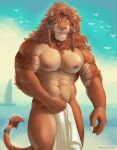  abs absurd_res anthro braided_hair bublelery chest_tuft claws covering covering_crotch covering_self eyes_closed felid hair hi_res lion male mammal mane muscular muscular_anthro muscular_male nipples nude pantherine pecs sea solo tattoo towel tuft water 