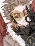  black_gloves boku_no_hero_academia brown_hair facial_hair fur_trim gloves hashtag-only_commentary hawks_(boku_no_hero_academia) headphones highres jacket looking_to_the_side mature_male ok_sign portrait red_wings shirt slit_pupils sparkle stubble tinted_eyewear turtleneck turtleneck_shirt txasttszu white_background wings yellow-tinted_eyewear 