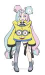  1girl absurdres bow-shaped_hair character_hair_ornament despicable_me formerly grey_pantyhose hair_ornament hexagon_print highres iono_(pokemon) jacket long_hair low-tied_long_hair minion_(despicable_me) oversized_clothes pantyhose pokemon pokemon_(game) pokemon_sv sharp_teeth simple_background single_leg_pantyhose sleeves_past_wrists solo teeth very_long_sleeves white_background x yellow_jacket 