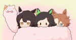 3girls animal_ears bandaid bandaid_on_face bandaid_on_nose biwa_hayahide_(umamusume) black_hair blue_eyes blush bnw_(umamusume) brown_hair chibi chibi_only commentary_request ear_ribbon gomashio_(goma_feet) green_ribbon hair_between_eyes hair_ornament hairclip horse_ears horse_girl jitome multiple_girls narita_brian_(umamusume) narita_taishin_(umamusume) no_mouth parted_bangs red-framed_eyewear ribbon semi-rimless_eyewear short_hair umamusume under-rim_eyewear winning_ticket_(umamusume) yellow_eyes yellow_ribbon |_| 