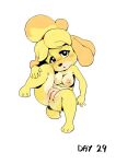  2022 animal_crossing anthro anus big_breasts black_eyes black_nose blonde_hair blush blush_stickers bodily_fluids breasts canid canine canis countershade_face countershade_torso countershading domestic_dog dripping english_text eyebrow_through_hair eyebrows female genital_fluids genitals hair hi_res isabelle_(animal_crossing) looking_at_viewer lying mammal multicolored_body nintendo nipples nude on_back on_ground open_mouth presenting presenting_pussy pussy pussy_juice pussy_juice_drip reddishfox_(artist) shih_tzu short_stack simple_background sitting solo text toy_dog translucent translucent_hair two_tone_body video_games white_body yellow_body 
