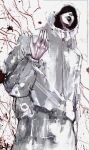  1girl absurdres ben-day_dots blood border greyscale hand_in_pocket hemokinesis highres hood hood_up hoodie itadori_yuuji jujutsu_kaisen kyezzzz monochrome pale_skin pants partially_shaded_face screentones solo solo_focus white_background white_border white_hoodie white_pants 