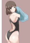  1girl absurdres amagami ass bangs breasts brown_eyes brown_hair commentary_request competition_swimsuit drying drying_body from_behind gyuunyuu_pack_(tanaka) highres looking_at_viewer medium_breasts one-piece_swimsuit parted_lips short_hair solo swimsuit tanaka_keiko towel wet 