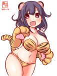  1girl alternate_costume animal_ears animal_hands animal_print artist_logo bikini blush breasts cowboy_shot dated fang hair_flaps kanon_(kurogane_knights) kantai_collection large_breasts looking_at_viewer low_twintails one-hour_drawing_challenge open_mouth purple_hair red_eyes simple_background smile solo swimsuit taigei_(kancolle) tail tiger_ears tiger_paws tiger_print tiger_tail twintails white_background 
