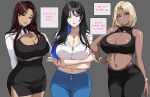  3girls bangs bare_arms bare_shoulders black_background black_eyes black_hair black_pants black_skirt blonde_hair blue_eyes blue_pants bracelet breasts brown_eyes brown_hair cleavage collarbone commentary_request dark-skinned_female dark_skin hand_on_hip hella_p jewelry korean_commentary korean_text large_breasts long_hair long_sleeves multiple_girls navel necklace original pants parted_lips shirt simple_background skirt smile translation_request white_shirt 