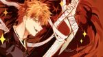  1boy bandages black_kimono bleach commentary four-pointed_star highres japanese_clothes kimono kurosaki_ichigo looking_at_viewer open_mouth orange_background orange_eyes orange_hair smile spiked_hair sword txasttszu weapon 