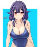  1girl ahoge alternate_costume blue_background blue_one-piece_swimsuit breasts cleavage collarbone competition_school_swimsuit competition_swimsuit covered_navel hair_between_eyes hair_flaps highres kantai_collection large_breasts looking_at_viewer low_twintails montemasa one-piece_swimsuit purple_hair red_eyes school_swimsuit smile solo swimsuit taigei_(kancolle) twintails white_background 