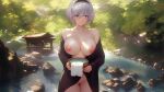  1girl aztodio bangs bathing black_hairband black_kimono blue_eyes blush breasts breasts_out bucket collarbone hairband highres japanese_clothes kimono large_breasts long_sleeves looking_at_viewer nier_(series) nier_automata nipples onsen short_hair solo thighs towel wet white_hair wooden_bucket yorha_no._2_type_b 