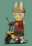 ambiguous_gender anthro biped bottomwear brown_bottomwear brown_clothing brown_hat brown_headwear brown_shorts clothed clothed_ambiguous clothed_anthro clothing flat_cap footwear fully_clothed fully_clothed_ambiguous fully_clothed_anthro furgonomic_hat furgonomic_headwear furgonomics green_body hat headgear headwear hi_res honda honda_motocompo horizontal_pupils jacket lagomorph leporid made_in_abyss mammal motorcycle nanachi narehate open_mouth open_smile pupils rabbit red_clothing red_jacket red_topwear scarf shoes shorts signature smile solo standing topwear vehicle white_clothing white_footwear white_shoes yellow_scarf youtsumiki