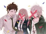  1girl 2boys :d ahoge bangs blush boleum_(dgrpluna) breast_pocket brown_hair brown_skirt closed_eyes collared_shirt cowboy_shot crossed_out danganronpa_(series) danganronpa_2:_goodbye_despair galaga green_jacket green_necktie grey_hair hair_ornament hinata_hajime jacket komaeda_nagito medium_hair multiple_boys nanami_chiaki neck_ribbon necktie open_clothes open_jacket pink_ribbon pleated_skirt pocket print_shirt ribbon shiny shiny_hair shirt shirt_tucked_in simple_background skirt smile teeth two-tone_shirt upper_body upper_teeth white_background white_shirt 