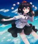  1girl absurdres ar_(maeus) bangs black_hair black_ribbon black_skirt black_wings blue_sky cloud commentary feathered_wings feet_out_of_frame flying highres holding holding_notebook holding_pen legs_apart looking_at_viewer medium_hair notebook open_mouth pen pom_pom_(clothes) red_eyes red_headwear ribbon shameimaru_aya shirt short_sleeves skirt sky solo touhou white_shirt wings 