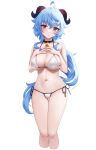  1girl :o ahoge alternate_costume bangs bare_arms bare_shoulders bell bikini black_choker blue_hair breasts choker cleavage cowbell cropped_legs ganyu_(genshin_impact) genshin_impact goat_horns hair_between_eyes halterneck hands_on_own_chest hands_up highres horns large_breasts legs_together long_hair looking_at_viewer momendoufu navel neck_bell parted_lips purple_eyes side-tie_bikini_bottom sidelocks solo stomach string_bikini swimsuit thighs transparent_background white_bikini 