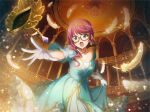  1girl blue_dress blurry blurry_foreground christine_daae christine_daae_(cosplay) cosplay dress earrings eye_mask falling_feathers feathers furrowed_brow game_cg gloves green_eyes hair_over_shoulder half_eye_mask hoshimi_junna indoors jewelry long_hair looking_at_viewer mask necklace official_art open_mouth phantom_of_the_opera purple_hair reaching shoujo_kageki_revue_starlight shoujo_kageki_revue_starlight_-re_live- sidelocks skirt_hold solo standing tiara upper_body white_feathers white_gloves 