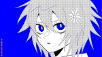  1boy artist_name basil_(faraway)_(omori) basil_(omori) ben-day_dots blue_background bright_pupils chromatic_aberration commentary_request double-parted_bangs flower greyscale_with_colored_background hair_between_eyes hair_flower hair_ornament highres looking_at_viewer male_focus omori outinokaden parted_lips prototype_design saturated_background screentones short_hair simple_background solo spot_color twitter_username upper_body white_pupils 