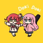 2girls black_socks blue_eyes blush bocchi_the_rock! bow chibi chibi_only commentary_request gotoh_hitori guitar_case hair_between_eyes holding_hands instrument_case jacket kita_ikuyo long_hair long_sleeves multiple_girls one_side_up open_mouth pink_hair pink_jacket pleated_skirt red_bow red_hair school_uniform skirt socks sound_effects white_socks yakotako yellow_background yuri 