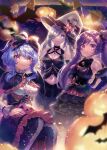  3girls ahoge bangs bare_shoulders black_skirt blue_eyes blue_hair blush braid braided_ponytail breasts cleavage cone_hair_bun double_bun ganyu_(genshin_impact) genshin_impact gothic_lolita gradient_eyes grey_hair hair_bun hair_over_one_eye halloween hat highres horns keqing_(genshin_impact) large_breasts lolita_fashion long_hair looking_at_viewer medium_breasts multicolored_eyes multiple_girls navel one_eye_covered pumpkin purple_eyes purple_hair raymond_busujima shenhe_(genshin_impact) sidelocks sitting skirt standing witch_hat 