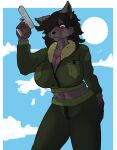 absurd_res anthro big_breasts black_body black_fur black_hair black_nose blush body_blush bovid breast_blush breasts canid canine caprine cheek_tuft cleavage clothed clothing cloud facial_tuft female fennec_fox flight_suit fluffy_ears fox fur fur_collar goat gradient_fur gun hair hair_over_eye hand_on_hip hand_on_own_hip handgun hi_res holding_gun holding_object holding_ranged_weapon holding_weapon hybrid lily_zerda-black_(therealnarrowjungle) looking_down mammal midriff navel pistol ranged_weapon red_eyes simple_background solo true_fox tuft unzipped_clothing weapon youutorrent