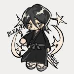  1girl black_hair black_kimono bleach chibi closed_mouth grey_eyes hashtag-only_commentary highres japanese_clothes kimono kuchiki_rukia looking_to_the_side short_hair simple_background solo star_(symbol) txasttszu weapon white_background 