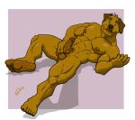 2026 5_fingers 5_toes abs aerial anthro balls biceps big_muscles biped black_claws black_nose border broad_shoulders brown_body brown_fur brown_nipples brown_pawpads brown_penis calf_muscles canid canine canis cel_shading chestnuts_(artist) claws crotch_tuft domestic_dog erection feet fingers floppy_ears full_foot_pawpads fur genitals glans grey_eyes hand_on_penis humanoid_feet humanoid_genitalia humanoid_penis inviting looking_at_viewer lying male mammal muscular muscular_anthro muscular_male navel nipples nude nude_anthro nude_male open_mouth pawpads pecs penis plantigrade pose pubes purple_background quads seductive serratus shaded shadow signature simple_background smile snout soles solo toe_claws toes trapezius tuft vein veiny_penis whisker_spots white_border