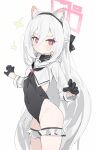  1girl animal_ears black_gloves blue_archive covered_navel gloves halo highres kei_(blue_archive) kei_(new_body)_(blue_archive) leotard long_hair measho nontraditional_playboy_bunny pink_halo rectangular_halo simple_background solo white_background white_hair 