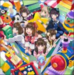  6+girls album_cover animal_ears aoi_suzu_(idol) appare! asahina_rei black_hair blonde_hair blue_eyes box brown_hair cat_ears cover dress everyone fake_animal_ears fake_horns frills fujimiya_mei_(idol) ground_vehicle hair_ornament hair_ribbon hashimoto_ami hat horns idol in_box in_container kudo_nonoka long_hair multiple_girls nagahori_yume nanase_rea_(idol) official_art open_mouth panda pink_dress puffy_short_sleeves puffy_sleeves purple_eyes rainys_bill red_eyes ribbon short_hair short_sleeves sitting smile star_(symbol) stuffed_elephant stuffed_toy toy train twintails 