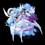  1girl adapted_costume bare_shoulders black_background black_hair blue_bow bow closed_eyes columbina_(genshin_impact) commentary dress eye_mask full_body genshin_impact gloves hair_ornament hashtag-only_commentary head_wings high_heels highres hongmomo long_hair luonnotar_(genshin_impact) magical_girl mask multicolored_hair pink_hair purple_hair simple_background skirt smile striped_bow twitter_username very_long_hair wand white_dress white_gloves white_mask wing_hair_ornament winged_wand wings 